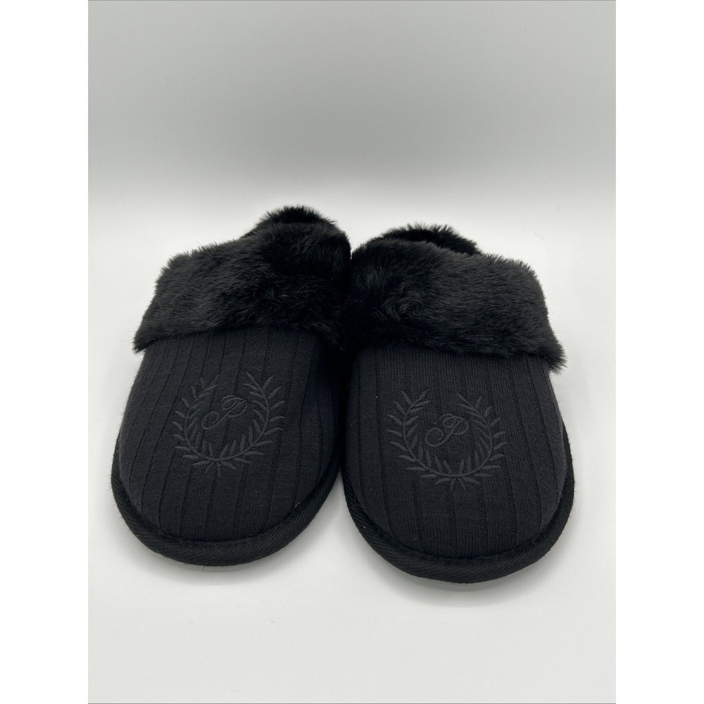 Victoria's Secret PINK Slippers Black Medium Faux Fur Plush Embroidered Logo NWT